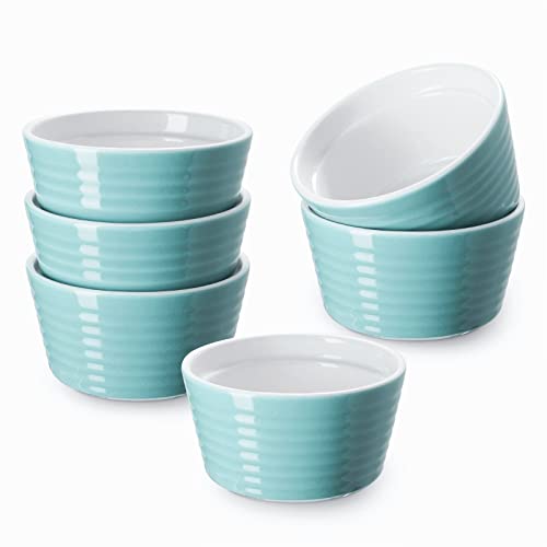 DOWAN Ramekins 6 oz Oven Safe Porcelain Ramekins Souffle Dish Creme Brulee Ramekins Ramekins for Baking Stackable Ramekin for Pudding Spinach Souflees Set of 6 Turquoise