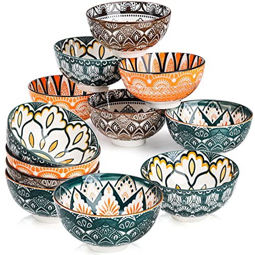 Foraineam 12 Pack Porcelain Bowls 10 Ounces Small Bowl Set Colorful Floral Round Bowl for Soup Ice Cream Snacks Rice Salad Fruits Side Dishes Dishwasher and Microwave Safe