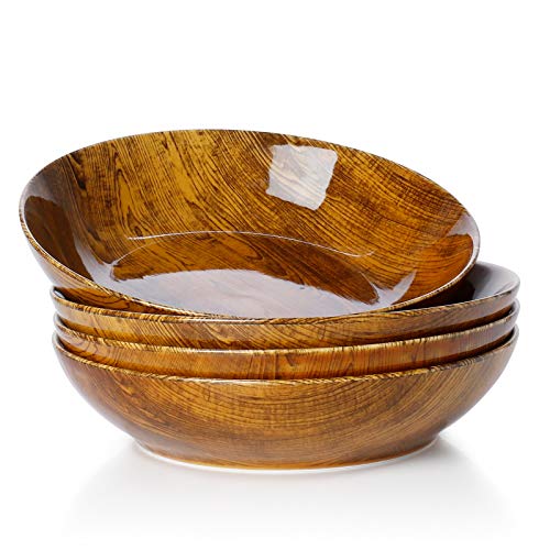 Sweese 113251 Woodgrain Pasta Salad Bowls 45 Ounces  Large Porcelain Dinner Serving Bowl for Kitchen  Wide Shallow Design  Microwave Dishwasher Oven Safe Dinnerware Set of 4