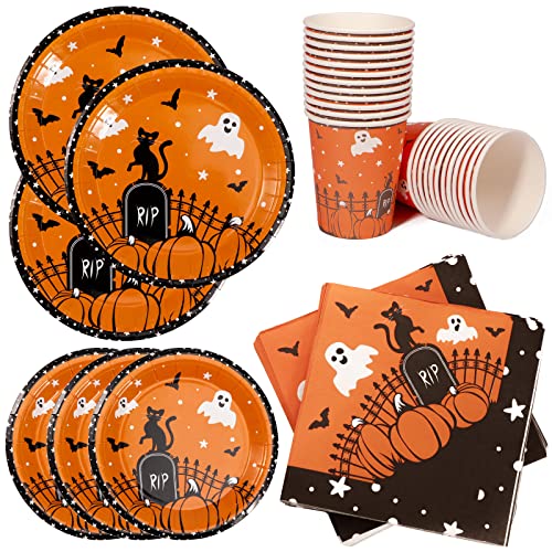 120 PCS Halloween Paper Plates and Napkins for 24 Guests Halloween Party Decorations Disposable Tableware for Adults Kids Cute Halloween Birthday Party Supplies Dinnerware Cups