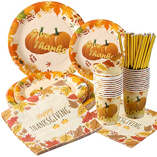 120 PCS Thanksgiving Disposable Party Dinnerware Set Harvest Festival Fall 24 Set Paper PlatesCups Straws and Napkins Set for 24 Guests with Safe Food Oil Printing Maple Leaves Pumpkin Design