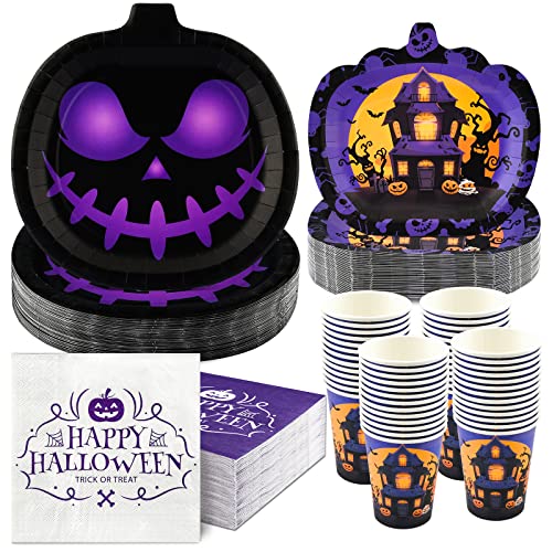 200PCS Halloween Party Supplies Plates and Napkins Cups Serve 50 Full Moon Purple Black Pumpkin Disposable Paper Dinner Dessert Plates Cocktail Napkins Beverage Cups Dinnerware Set Spooky Decorations