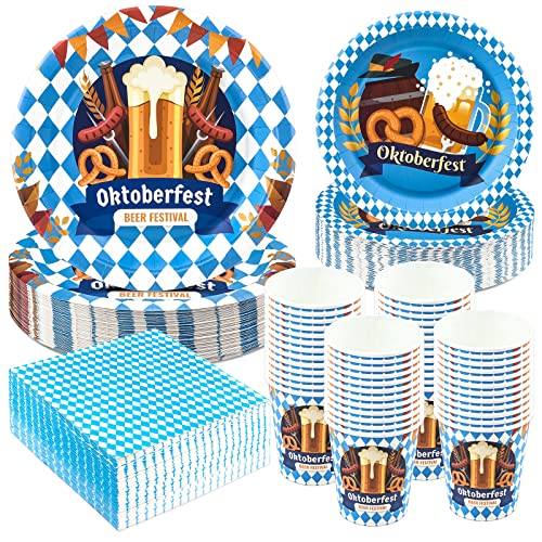 200PCS Oktoberfest Party Supplies Plates and Napkins Cups Serve 50 Blue White Checkered Paper Dinnerware with Dinner Dessert Plates Napkins Cups for Bavarian German Beer Festival Decorations