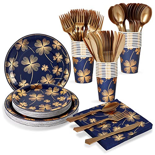 210Pcs Disposable Party Dinnerware Set 30 Guest  30 Dinner Paper Plates 30 Dessert Paper Plates 30 Plastic Silverware Set 30 9OZ Paper Cups 30 Napkins Blue Plate Fourleaf Clover Design