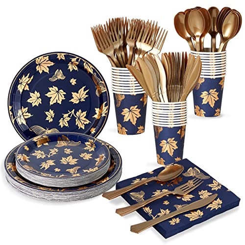 210Pcs Disposable Party Dinnerware Set 30 Guest  30 Dinner Paper Plates 30 Dessert Paper Plates 30 Plastic Silverware Set 30 9OZ Paper Cups 30 Napkins Blue Plate Maple Leaf Design