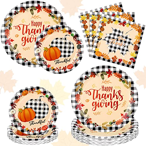 96 Pcs Thanksgiving Paper Plates and Napkins Disposable Dinnerware Set Serve 24 Guests Elegant Fall Theme Tableware Set for Thanksgiving Autumn Party Supplies and Favors (Cute Pumpkin)