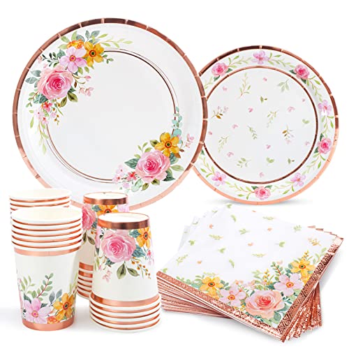 Floral Paper Plates and Napkins Cups Sets Pink Flower Tea Party Supplies Disposable Dinnerware Sets Serves 24 for Bridal Shower Birthdays
