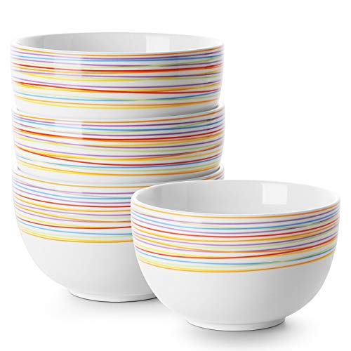 DOWAN Deep Cereal Bowls 30 oz Deep Soup Bowls for Eating Ceramic Serving Bowls for Oatmeal  Microwave Safe Set of 4 White with Rainbow Stripes
