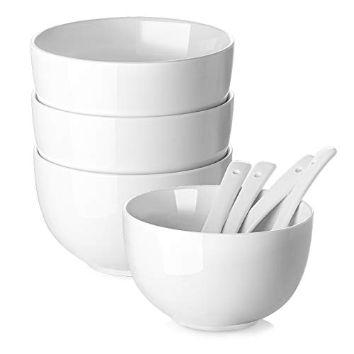 DOWAN White Soup Bowls Deep Soup Bowls and Spoons Set 30 Ounce Cereal Bowls Set of 4 Ceramic Ramen Bowls and Pho Bowls for Kitchen Microwave and Oven Safe