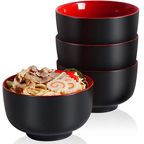 Japanese Ceramic Ramen Bowls 38 Ounce Deep Pho Bowl for Soup Cereal Udon Asian Noodle Bowls Black and Red Big Cereal bowls Ramen Bowl Set of 4