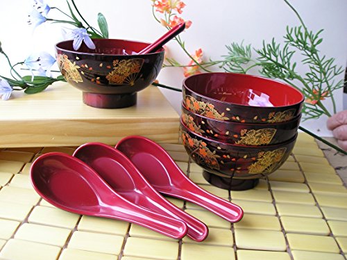 1 set 4 Lacquer Rice Miso Soup Bowls Golden Fan  4 Spoons Redblack
