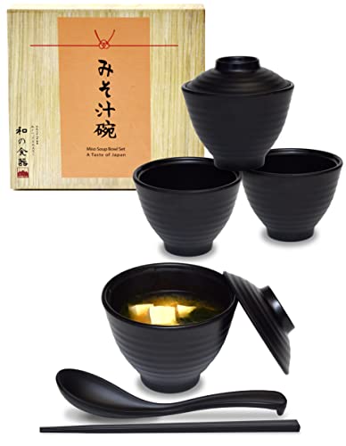 4 Sets Traditional Japanese style Melamine Noodle Rice Miso Soup Bowls with Matching Lids Spoons and Chopsticks in Black
