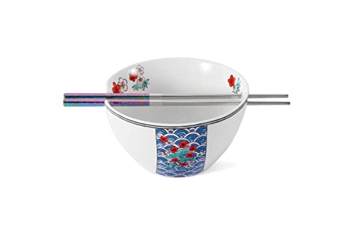Hagary Cherry Blossom Ceramic Ramen Bowl With Reusable Stainless Steel Chopsticks Japanese Style Udon Miso Noodle Soup Bowls Designed in Korea 20 fl oz 61 by 33 Inches