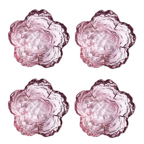 Pink Glass Bowls Set of 4 Small Dipping Dishes Sauce Plates Japanese Sakura Flower Cherry Blossom Shaped Bowl for Dessert Ice Cream Miso Soup