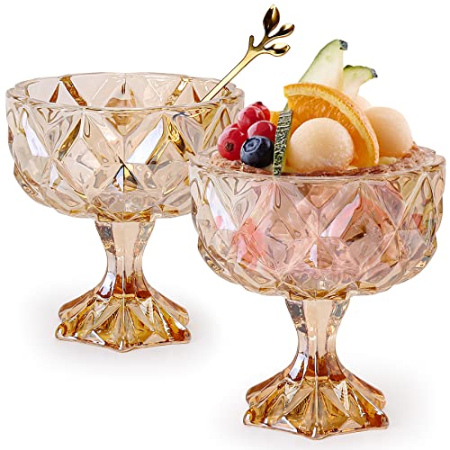 Dessert Glass Bowls 280ML Beautifully Precious Glass Ice Cream Sundae Cups  Set of 2  Glass Dessert Bowls With Spoon（Amber）