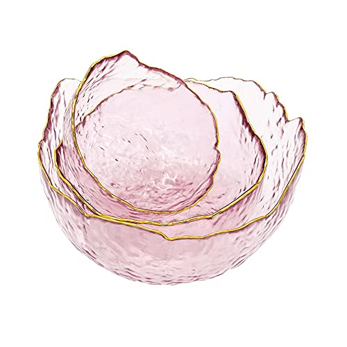 Glass Salad Bowls 3 Piece Set Irregular Shape Phnom Penh Serving BowlsGlass Bowls for KitchenPretty Serving Bowls for Pasta Dessert Popcorn Fruit Snacks  Refrigerator Freezer Safe (Light Pink)