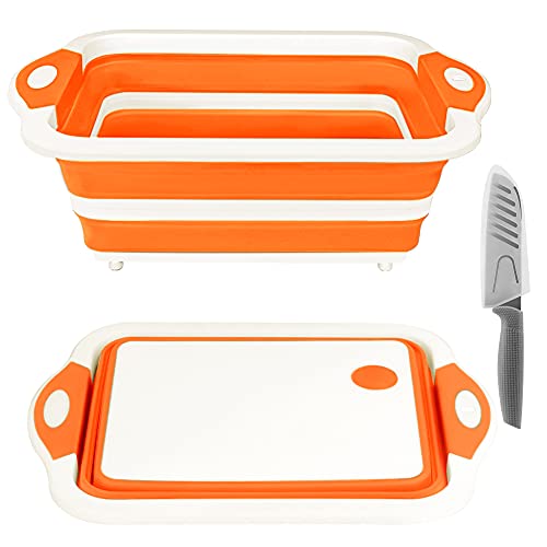 Rottogoon Collapsible Cutting Board Foldable Chopping Board with Colander Multifunctional Kitchen Vegetable Washing Basket Silicone Dish Tub for BBQ PrepPicnicCamping(Orange)