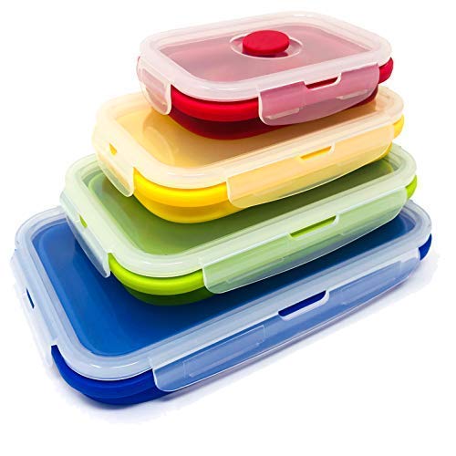 Set of 4 Collapsible Silicone Food Storage Container Leftover Meal box For Kitchen Bento Lunch Boxes BPA Free Microwave Dishwasher and Freezer Safe Foldable Design Saves Your Space