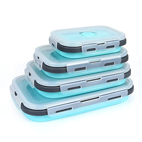 VIGIND Set of 4 Collapsible Foldable Silicone Food Storage Container With BPA Free Leftover Meal Box With Airtight Plastic Lids For Kitchen Bento Lunch BoxesMicrowave Dishwasher and Freezer Safe