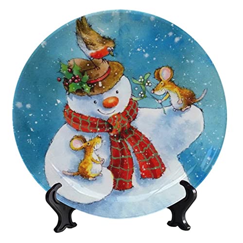 Christmas Snowman Ceramic Hanging Decorative Plate 10 Inch Snowman and Squirrel Round Decorative Plate with Decorative Bracket for Living Room Bedroom Hallway Console Side Table Wall Decor