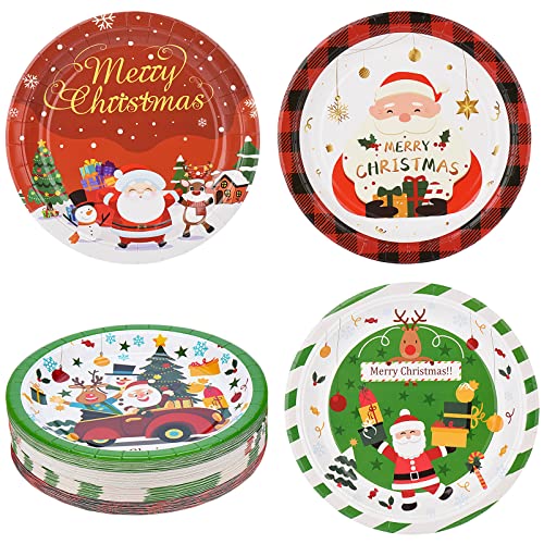Christmas Theme Paper Plates 60Pcs 4 Patterns Christmas Party Decoration 9 Inch Holiday Paper Plates Sets Disposable Plate Include Santa Claus Elk Christmas Trees Snowflakes Snowman Gifts Box