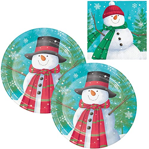 Winter Snowman Party Supply Pack  Bundle Includes Paper Dessert Plates and Napkins for 16 People  Smiling Snowman Design