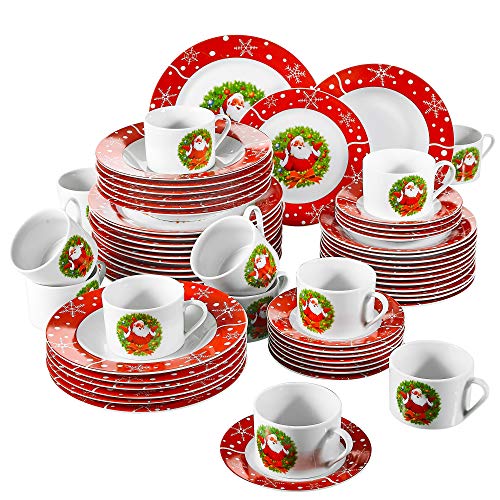VEWEET Christmas Dinner Set 60 Piece Ceramic Christmas Dishes Santa Claus Pattern Plate Sets with Dinner Plate Dessert Plate Soup Plate Cup Saucer Service for 12 Santa Claus Series