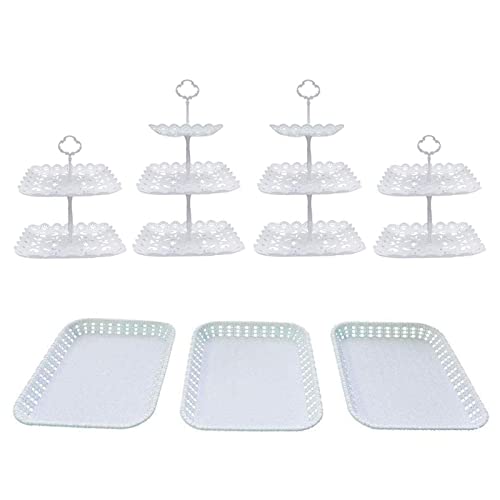 7Pcs 3Tier Square 2Tier Square Cupcake Stand Party Food Server Display Stand with Small Rectangle Plastic Serving Trays for Wedding Birthday Party (Square)