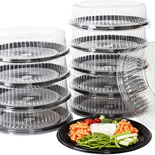 Heavy Duty Recyclable 16 In Serving Tray and Lid 10pk Large Black Plastic Party Platters with Clear Lids Elegant Round Banquet or Catering Trays for Serving Appetizers Sandwich and Veggie Plates
