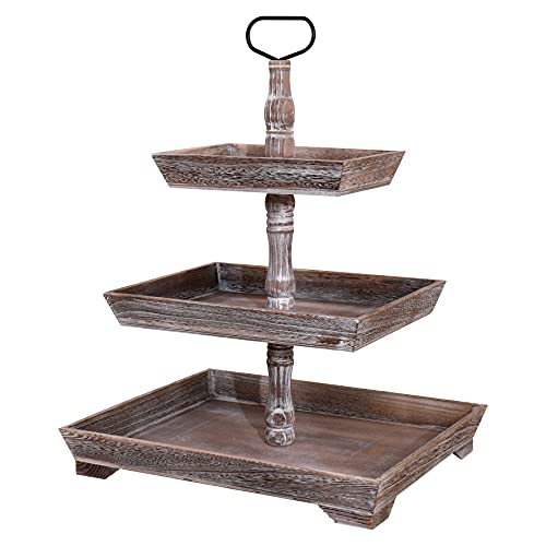 3 Tier Serving Tray Rectangle Tiered Tray Decorative 3 Tier Wood Serving TraysFarmhouse Decor Holiday Home DecorationDurableLarge Storage Tray (Rustic Brown)