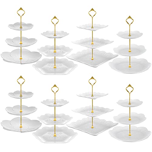 8 Packs Cupcake Stand 3 Tier Serving Dessert Stand Tower Tray with Round Square Flower Hexagon Food Serving Trays with Gold Rod for Party Baby Shower Wedding