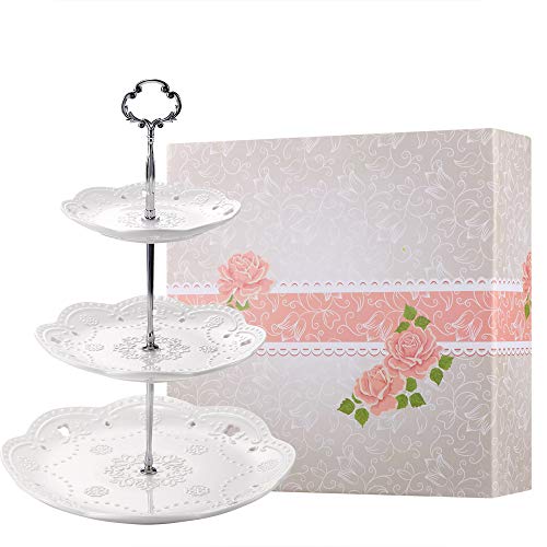 BonNoces 3tier Porcelain Cupcake Stand Serving Tray  White Embossed Elegant Dessert Cake Stand  Pastry Serving Stand for Tea Party Wedding and Birthday