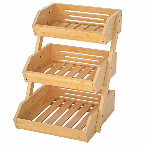 Large Bamboo Fruit Basket 3Tier Fruit Bowl for Kitchen Counter Vegetable Storage Stand for Fruit Shop 15 mm Thickness (Selfassembly)