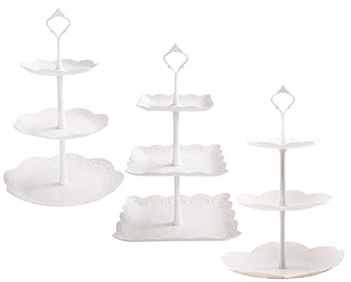 Tosnail 3 Pack 3 Tiers White Plastic Cupcake Stand Dessert Stand Tiered Serving Trays  Round Square Flower