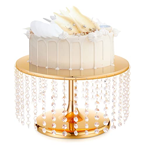 12 Inch Crystal Pendants Cake Display Plate Gold Metal Chandelier Cupcake Stand Round Pedestal Dessert Display Holder with Hanging Acrylic Beads for Wedding Birthday New Year Event Serving Supplies