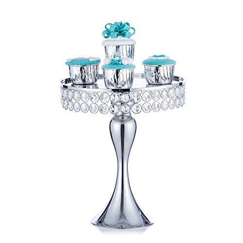 Wedding Metal Cake Display Stand with Mirror Top Plate 10 inches Diameter Beaded Crystal Metal Fruit Plate Cake Pedestal Baking Party Supplies Centerpiece