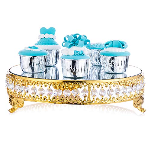 Wedding Metal Cake Display Stand with Mirror Top Plate 12 inches Diameter Beaded Crystal Metal Cake Pedestal Snack Tray Baking Party Supplies Centerpiece