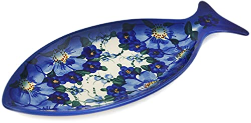 Polish Pottery 12½inch Fish Shaped Platter (Himalayan Blue Poppy Theme) Signature UNIKAT  Certificate of Authenticity