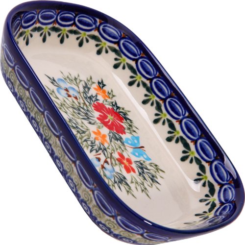 Polish Pottery Ceramika Boleslawiec 0726238 Butter Platter 6 Long by 4 12 Inches Wide  2 Cubes Royal Blue Patterns with Red Cornflower and Blue Butterflies Motif