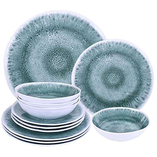 12 Piece Melamine Dinnerware Sets Service for 4  Includes 4 Dinner Plates 4 Salad Plates and 4 Bowls Made of A5 Melamine Use at Home  Outdoor Dining Picnic Camping and Rvs  Modern Design