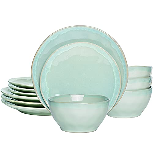 Bosmarlin Stoneware Dinnerware Set Ceramic Bowls and Plates Set Service for 4 12 Piece Microwave and Dishwasher Safe Reactive Glaze (Pale green)