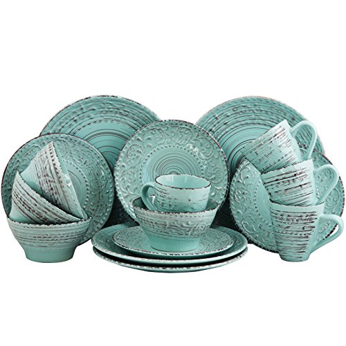 Elama Embossed Stoneware Ocean Dinnerware Dish Set 16 Piece Turquoise