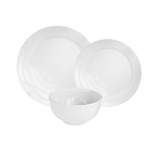 Hamilton Beaded Casual Round Dinnerware Set  12Piece Stoneware Dinner Party Collection for Entertaining w 4 Dinner Plates 4 Salad Plates  4 Bowls White