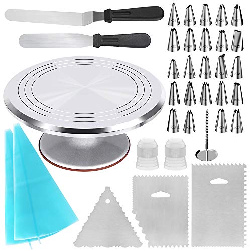 Kootek 35 Pcs Cake Decorating Kit Supplies 12 Inch Cake Turntable Baking Supplies Aluminium Alloy Revolving Cake Stand 2 Icing Spatula 3 Icing Smoother 24 Piping Tips 2 Pastry Bag Frosting Tool