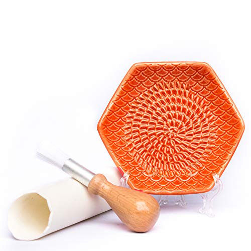 The Grate Plate 3 Piece Handmade Ceramic Garlic Grater Set  Grater Peeler Brush