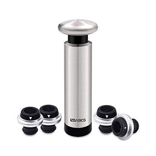 Wine Stoppers EZBASICS Wine Saver Pump with Wine Bottle Stoppers Stainless Steel Pump  4 Wine Stoppers