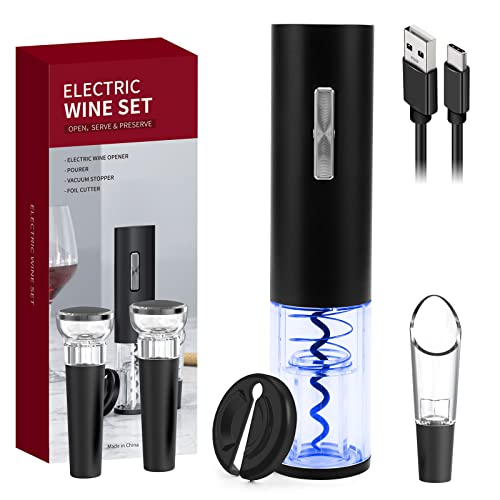 COKUNST Electric Wine Opener Set Gifts TypeC Rechargeable Wine Bottle Opener Automatic Wine Corkscrew with Foil Cutter Wine Pourer2 Vacuum Preservation Stoppers 5in1 Kitchen Appliances