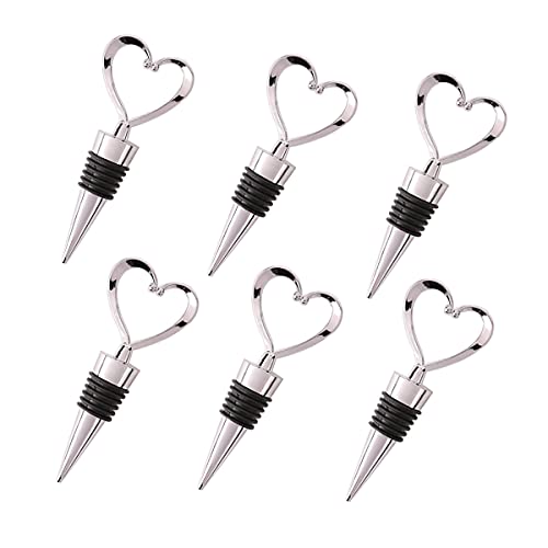 Amadj 6PCS Zinc Alloy Heart Shape Wine and Beverage Bottle Stopper Stainless Steel Wine Stopper with White Sheer Bag for WeddingHoliday PartyBirthday
