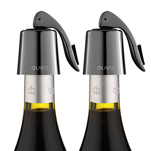 OUWO Wine Stopper Stainless Steel Wine Bottle Stoppers Plug with Silicone Wine Toppers Stopper Reusable Wine Cork Superior LeakProof Keeps Wine Fresh Best Gift Accessories Metalblack 2 pack