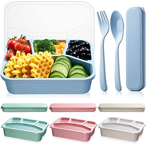 6 Pack Bento Lunch Box with Utensils Set 4 Compartment Straw Food Storage Containers Reusable Meal Containers for Kid Adult Camping School Picnic Work Travel